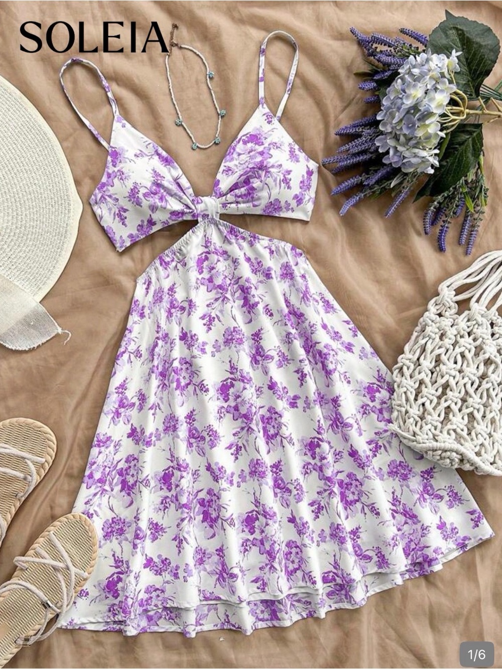 SHEIN White & Lavender Floral Cutout Tie-Front Mini Dress